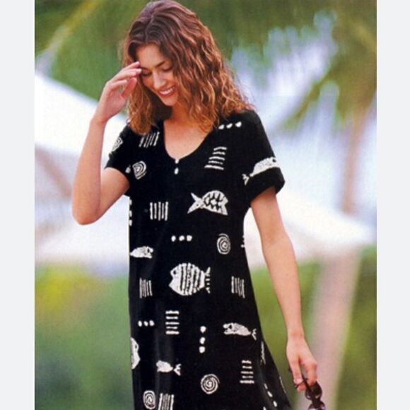 90s EXIST Sportswear Rock Fish Short Sleeve Navy Short Dress - Picture 1 of 9